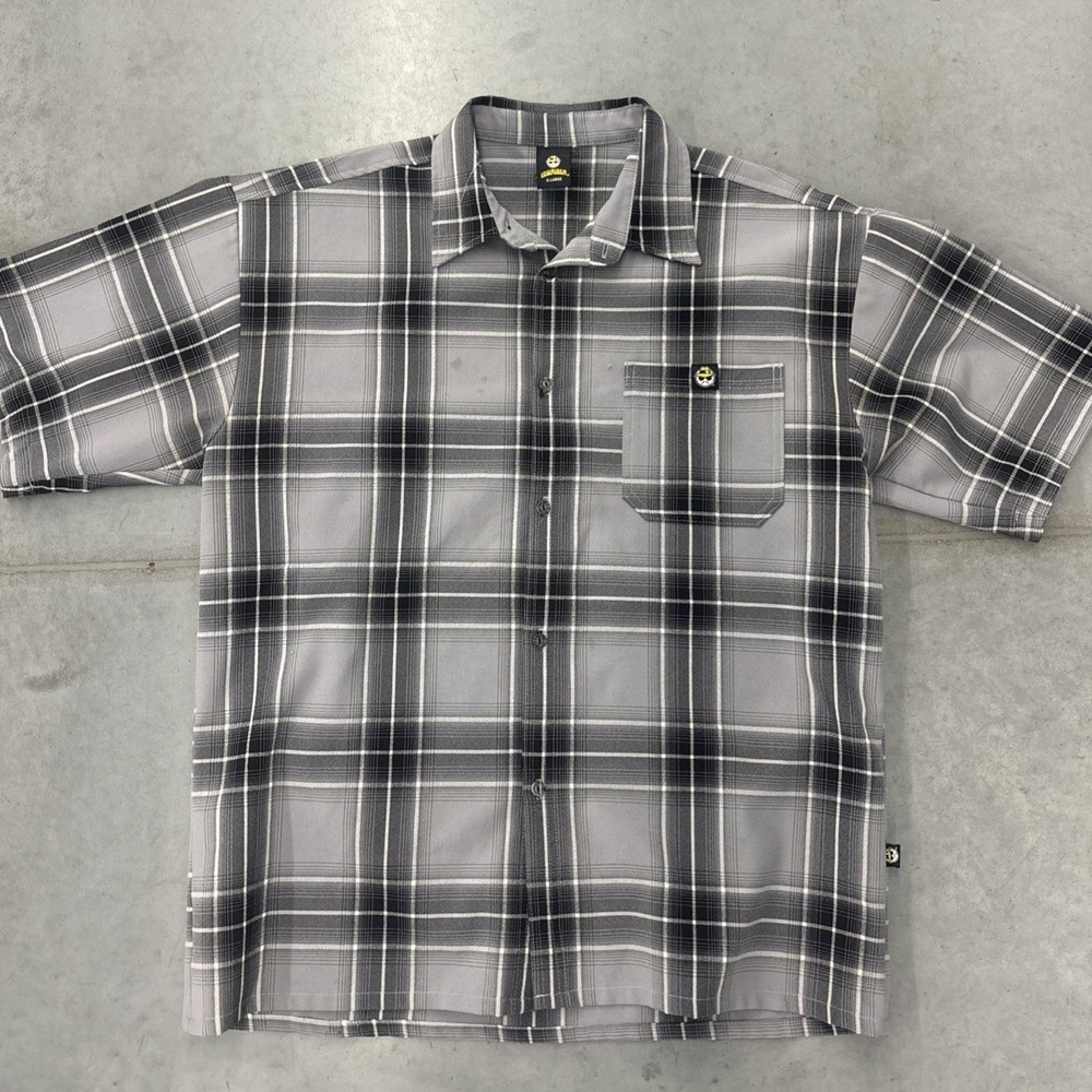 Vintage Lowrider Shirt Mens XL Black Gray Plaid Short Sleeve Button Up 90s